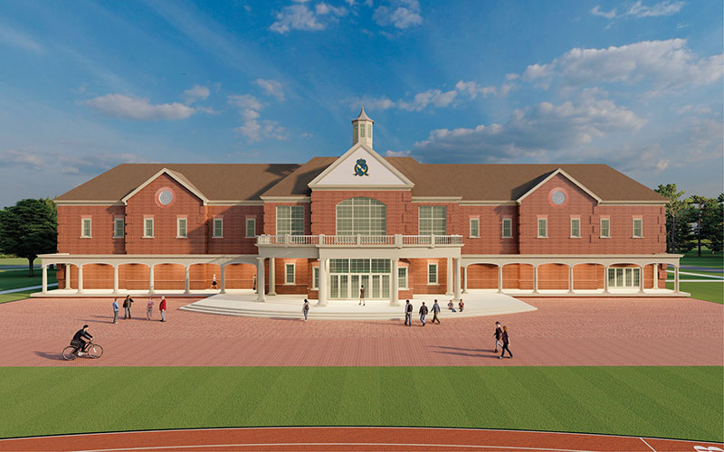 Regent University Athletic & Fitness Center, Front Elevation: "Royals Rise" campaign